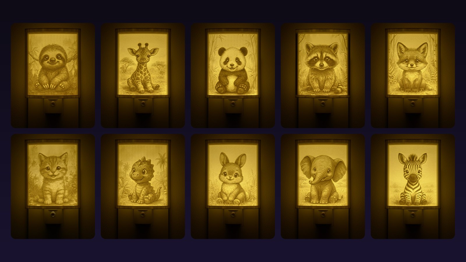 Ten of the forty-four designs, glowing