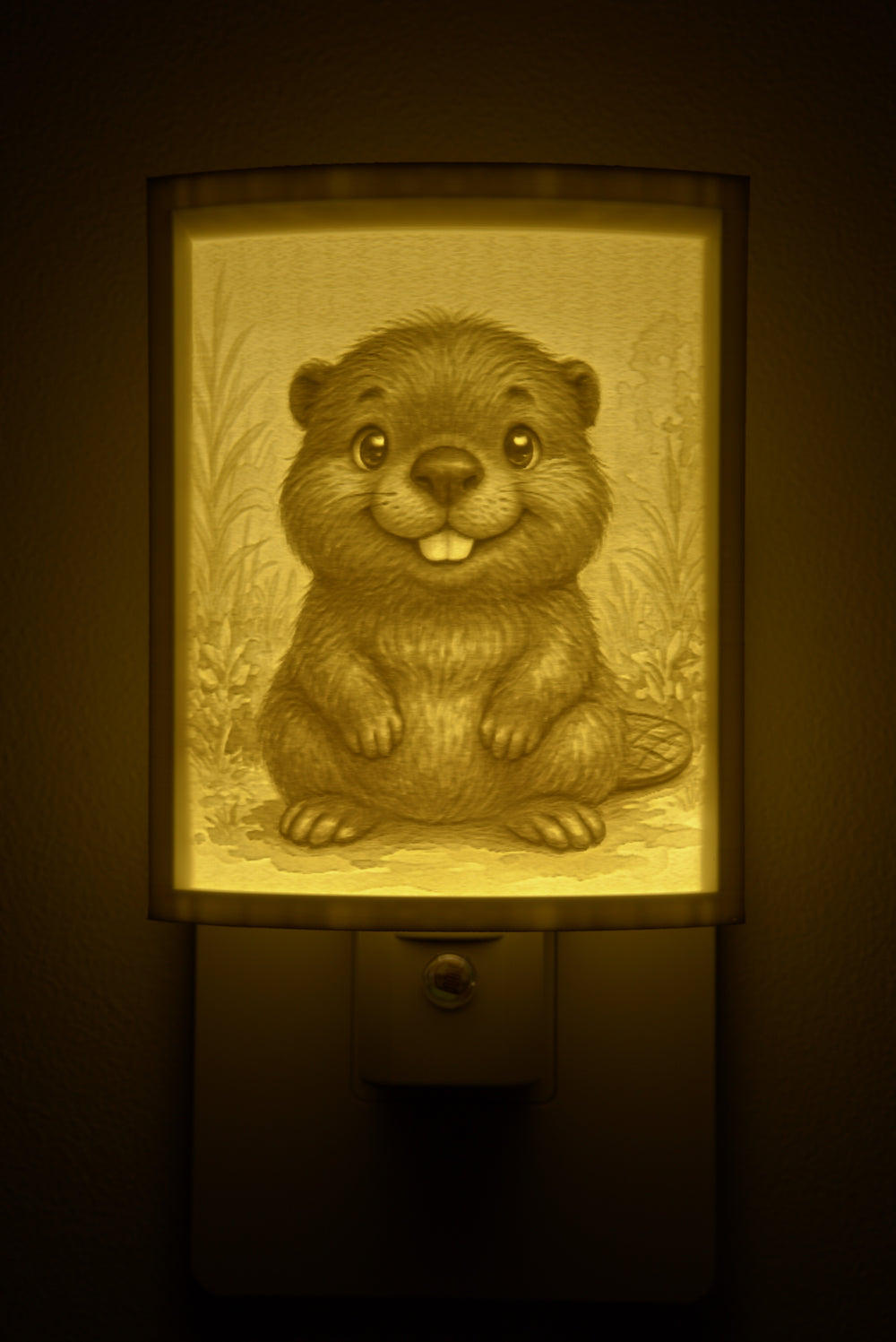 Close-up of the beaver design in warm light