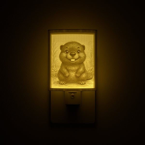 Beaver night light glowing against a dark wall, plugged into an outlet