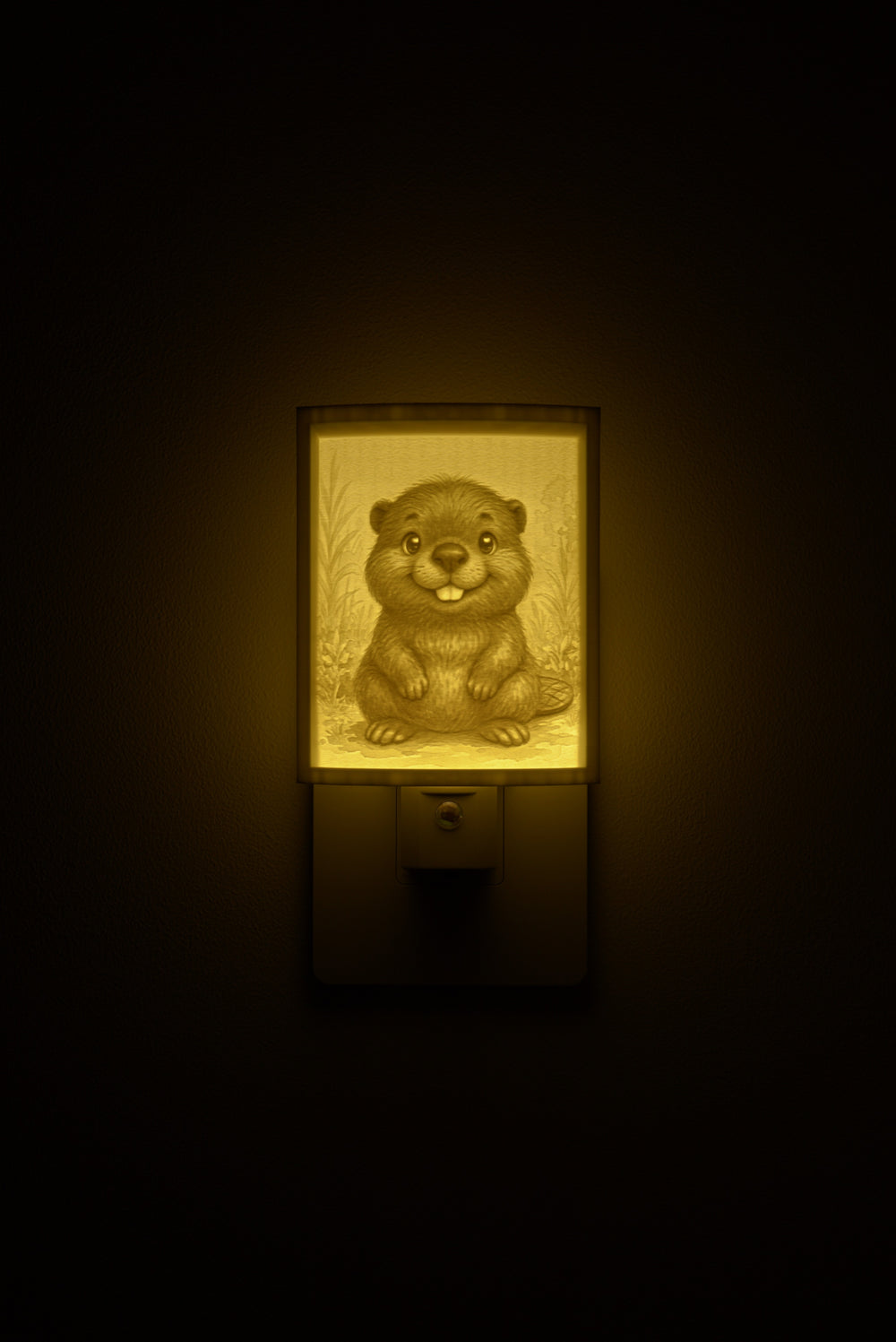 Beaver night light glowing against a dark wall, plugged into an outlet