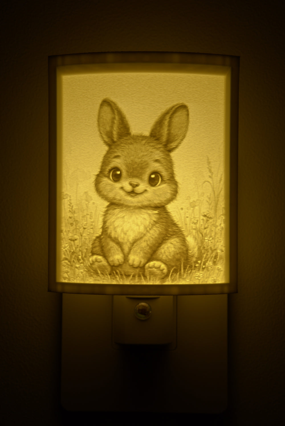 Close-up of the bunny design in warm light