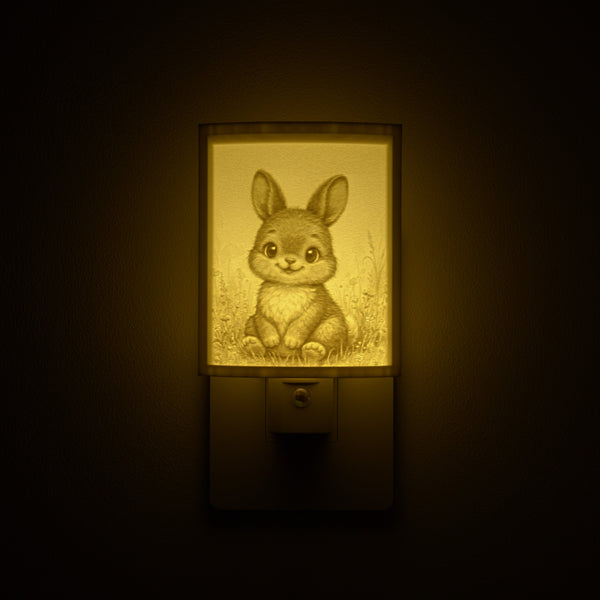 Bunny night light glowing against a dark wall, plugged into an outlet