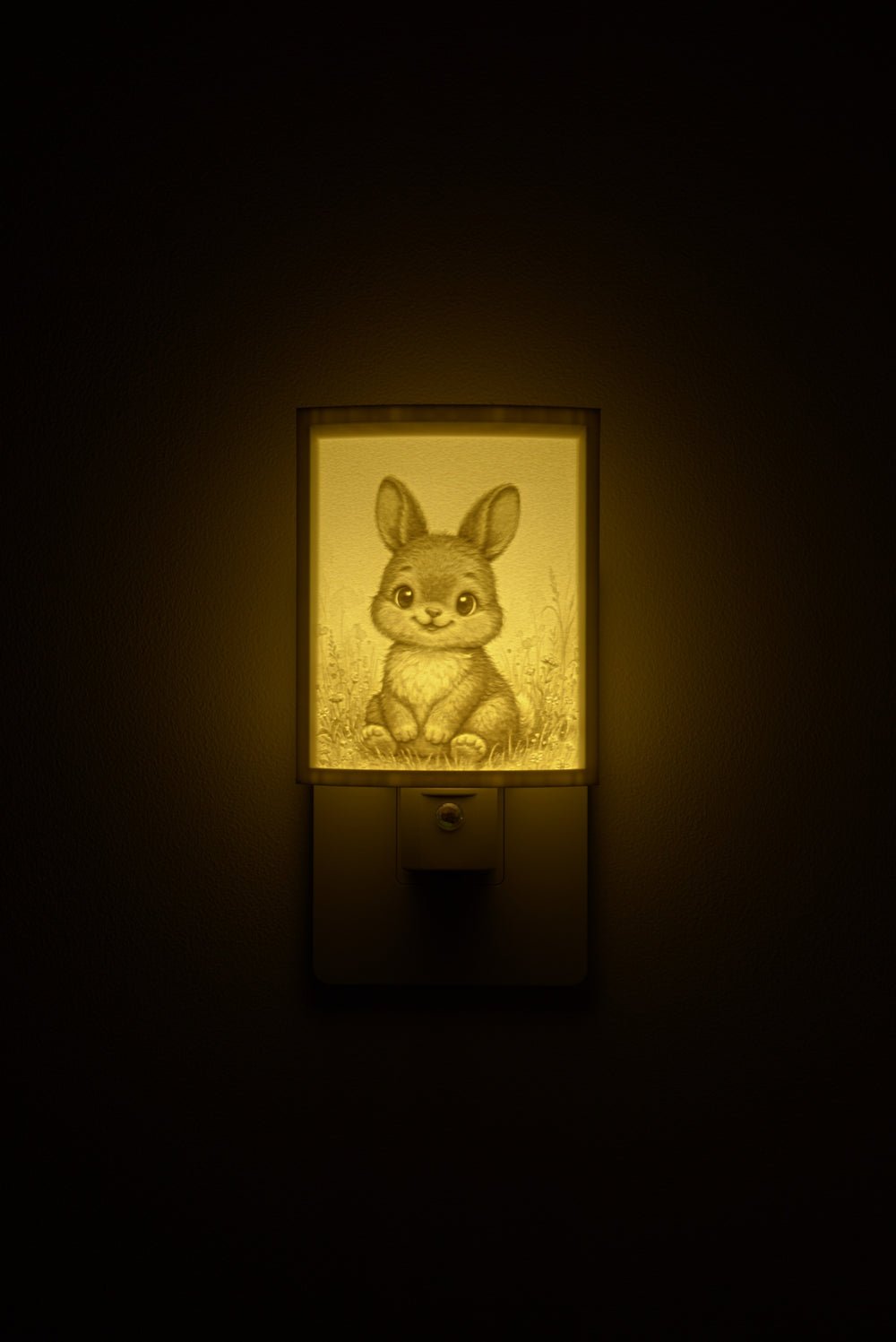 Bunny night light glowing against a dark wall, plugged into an outlet