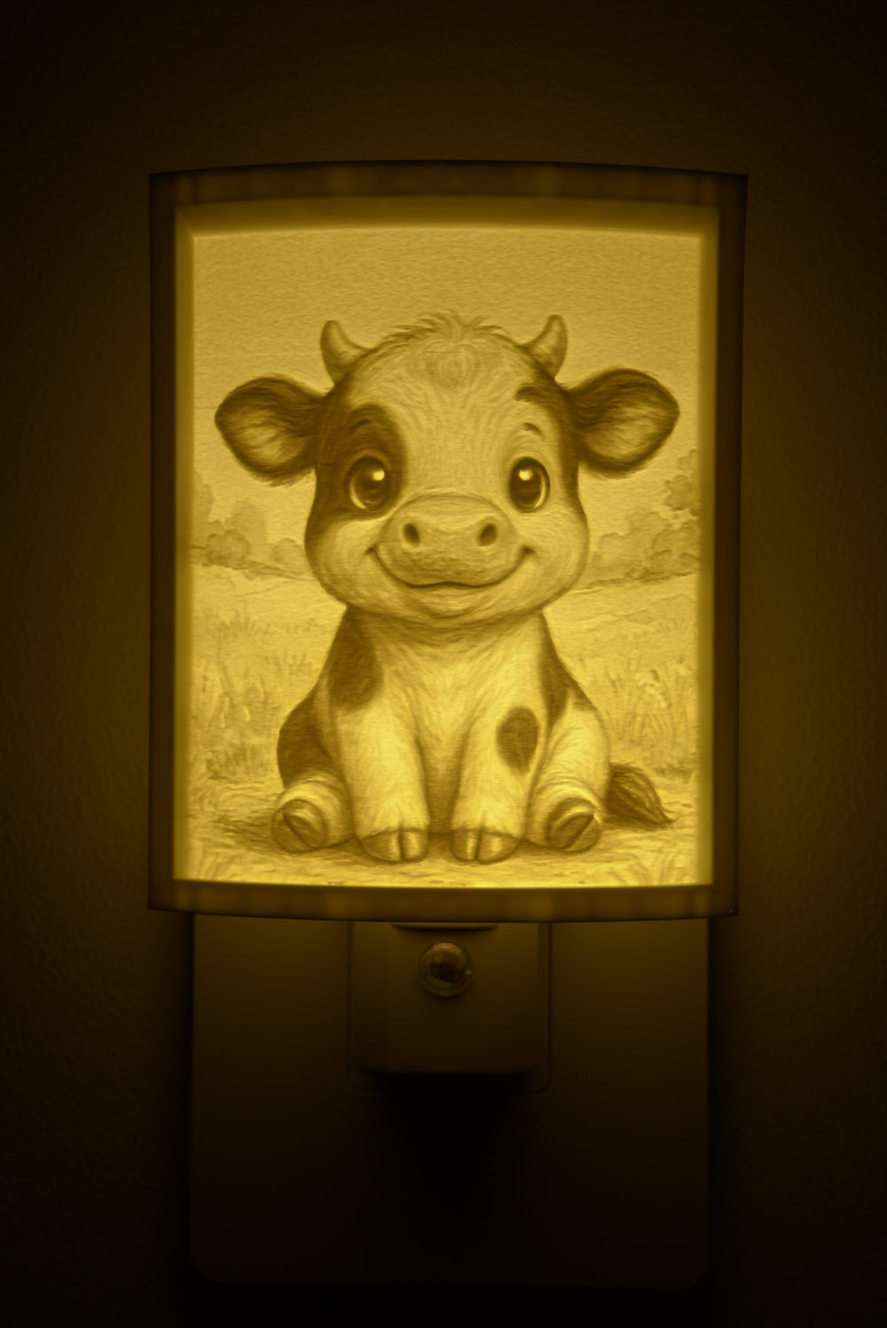 Close-up of the cow design in warm light