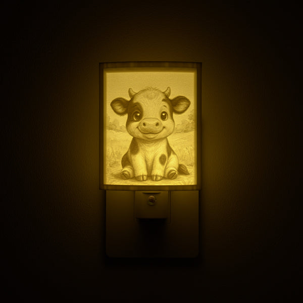 Cow night light glowing against a dark wall, plugged into an outlet