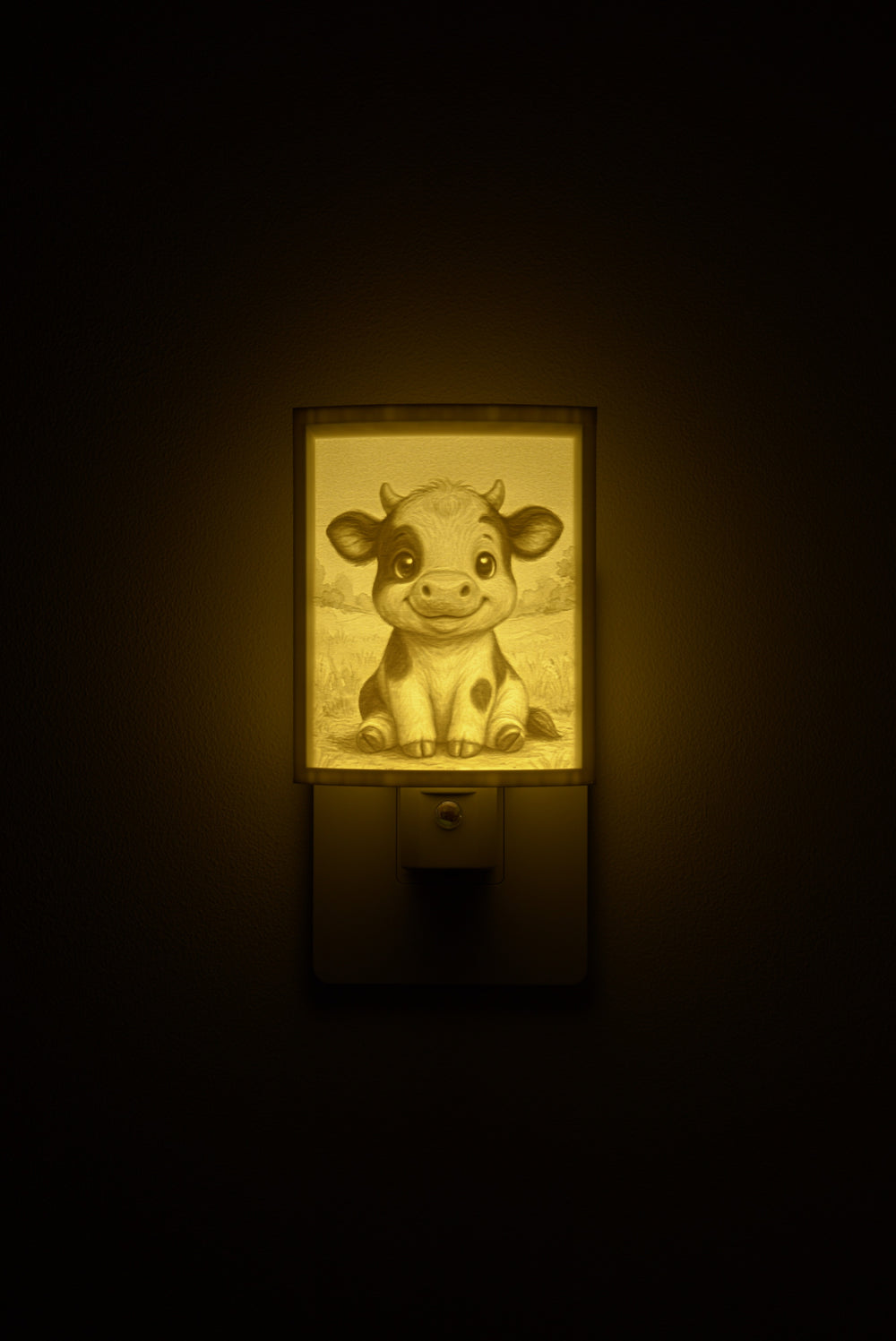 Cow night light glowing against a dark wall, plugged into an outlet