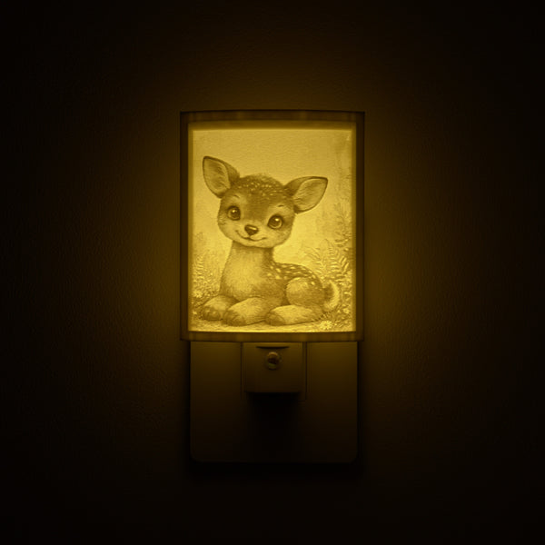 Fawn night light glowing against a dark wall, plugged into an outlet