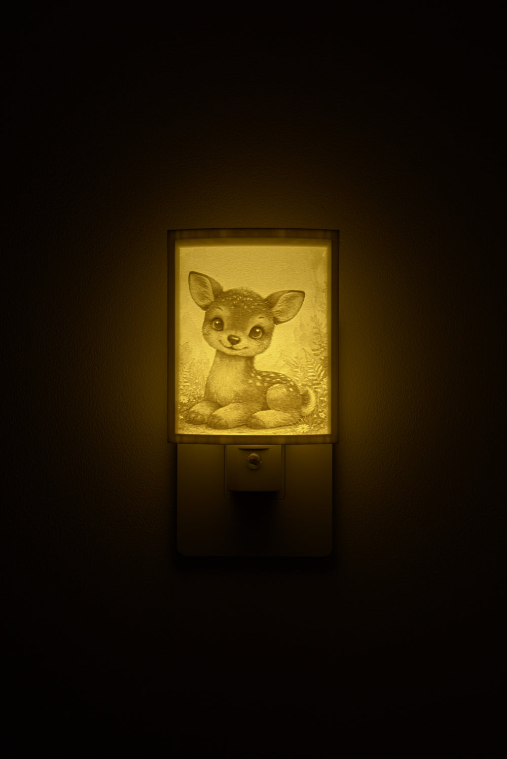 Fawn night light glowing against a dark wall, plugged into an outlet