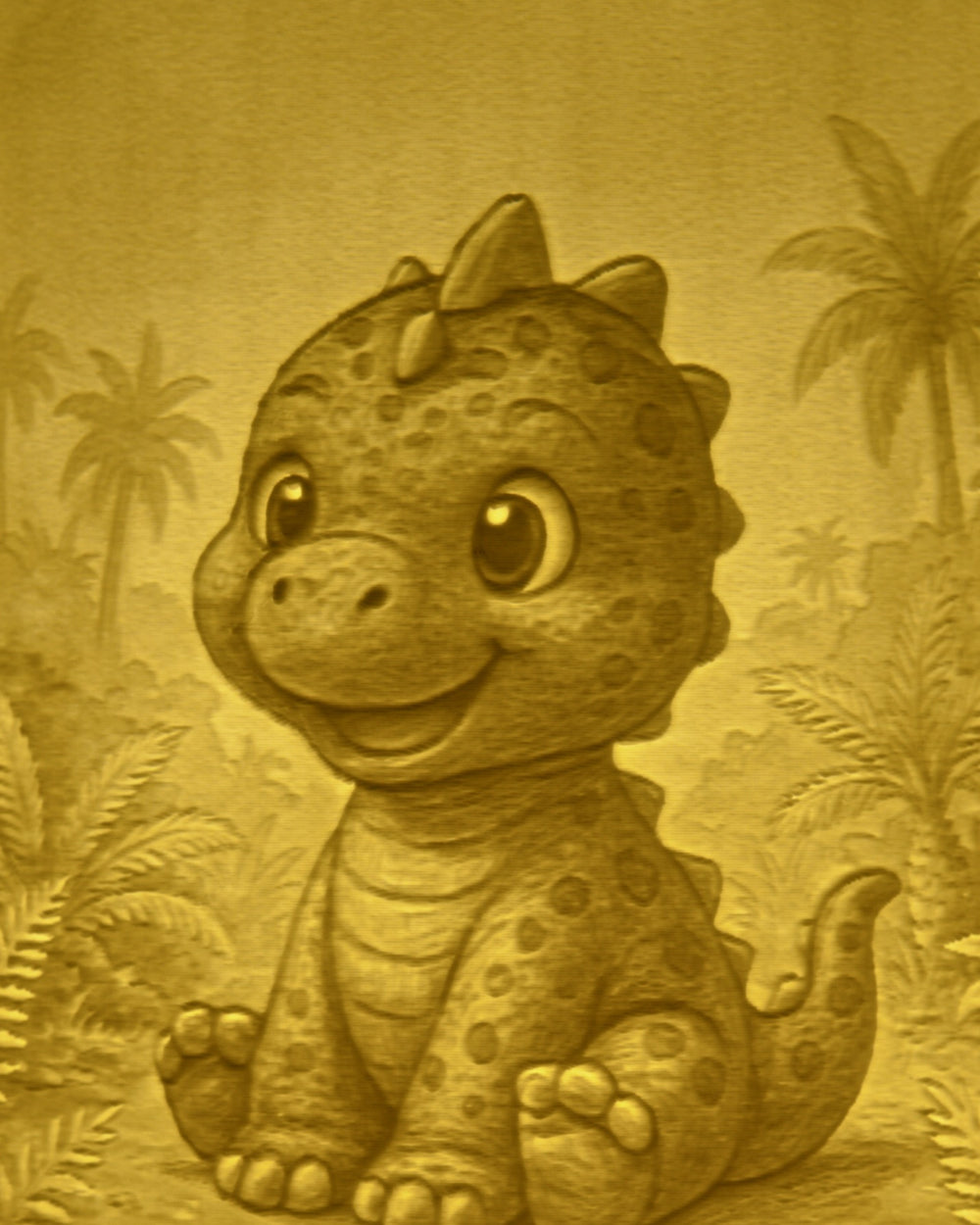Close-up of the Dinosaur design in warm light