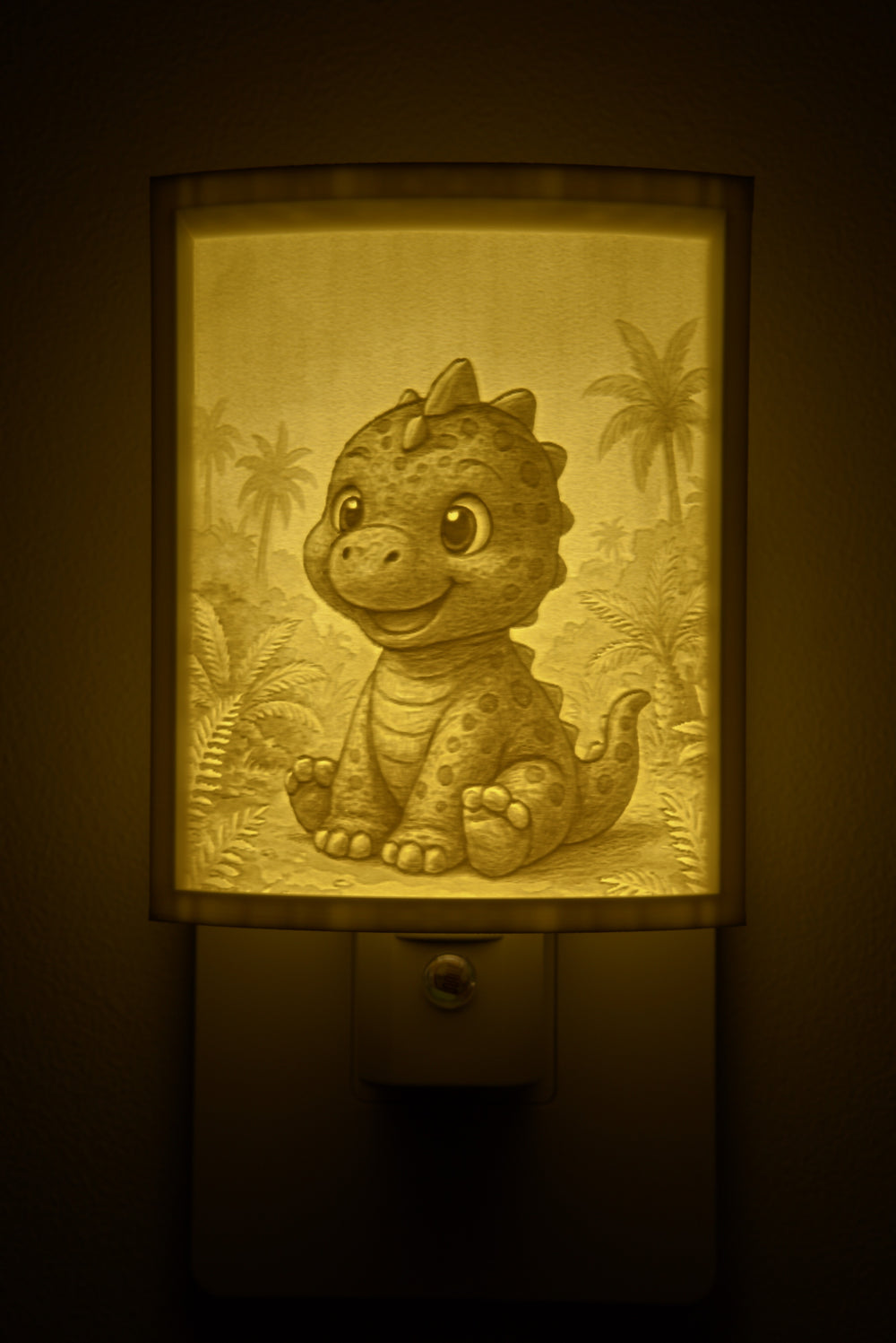 Close-up of the dinosaur design in warm light
