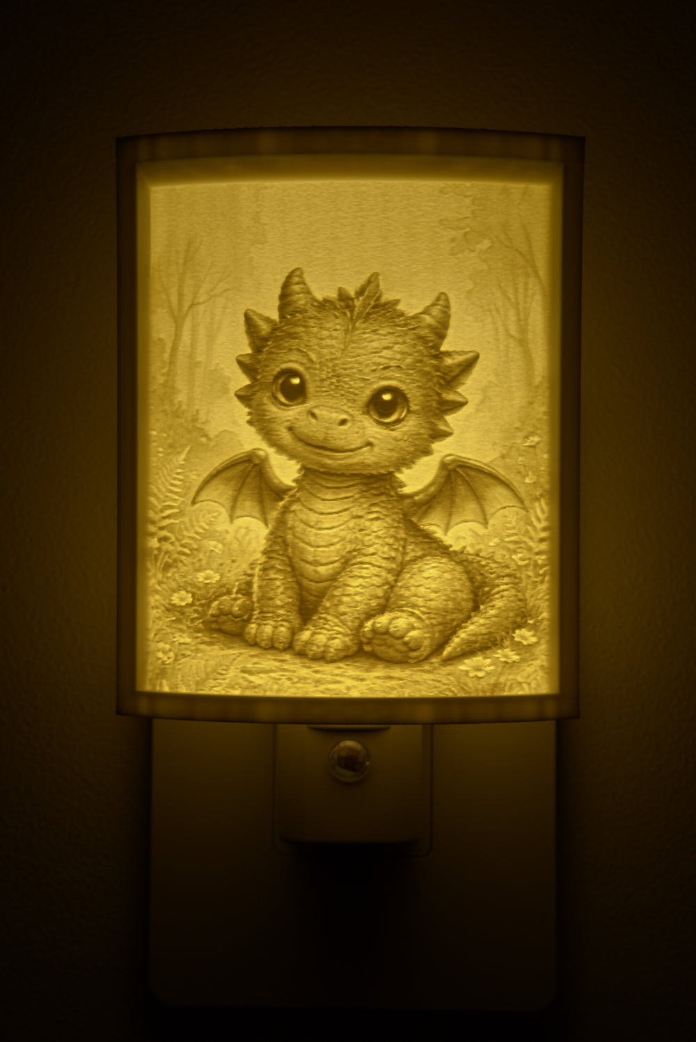Close-up of the dragon design in warm light