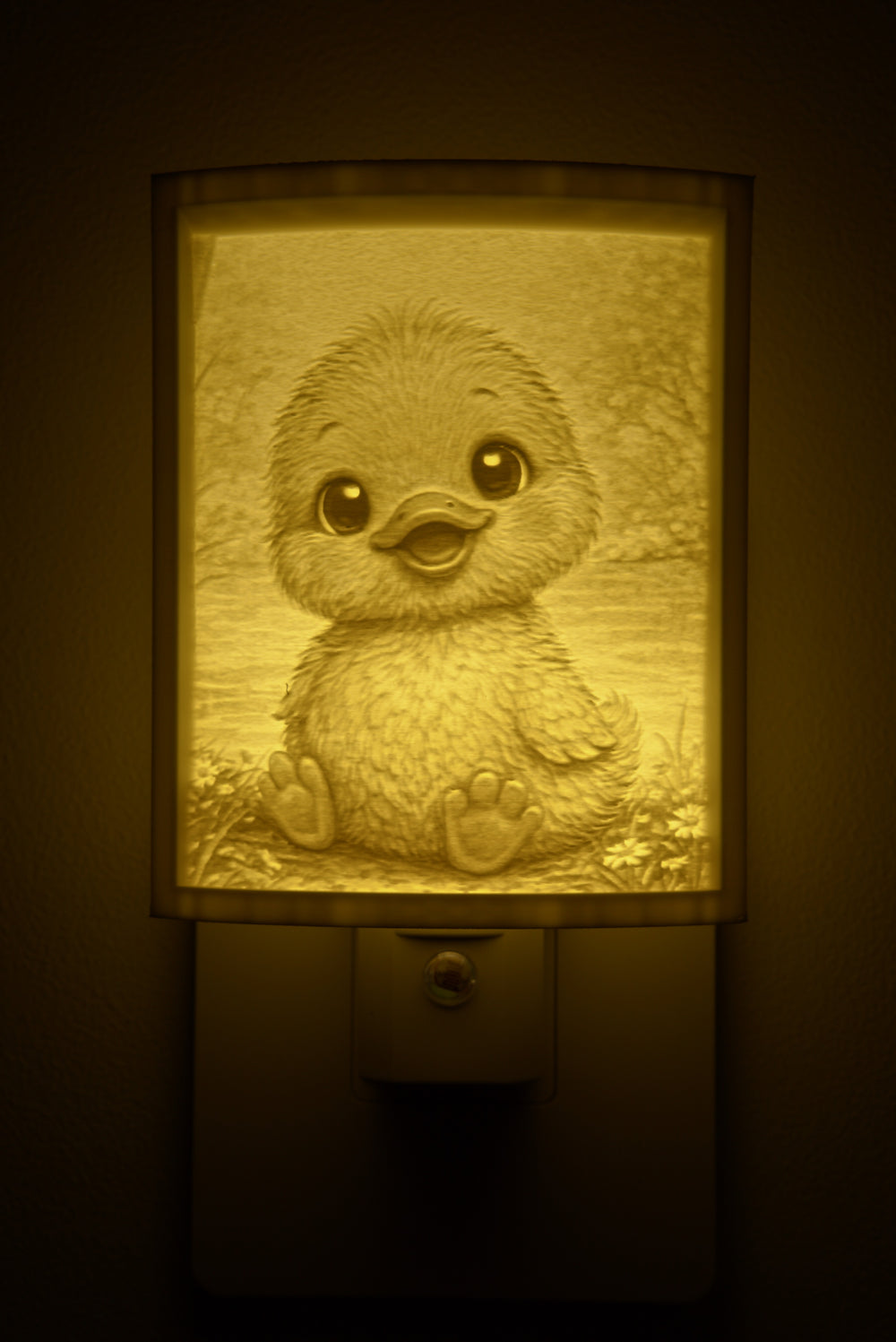 Close-up of the duckling design in warm light