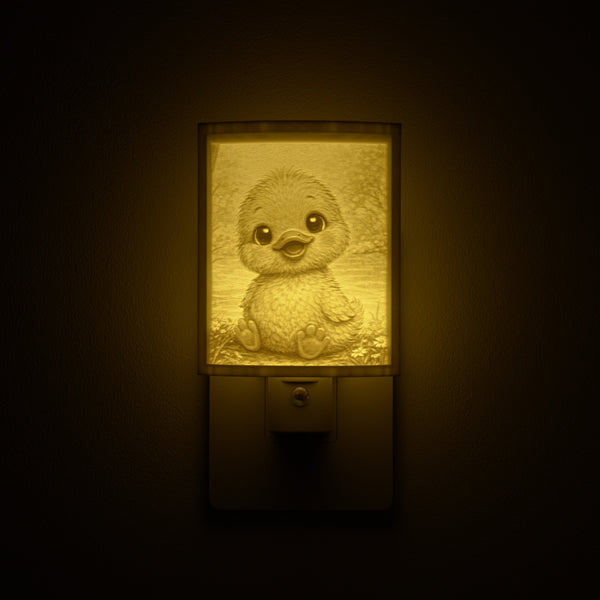 Duckling night light glowing against a dark wall, plugged into an outlet