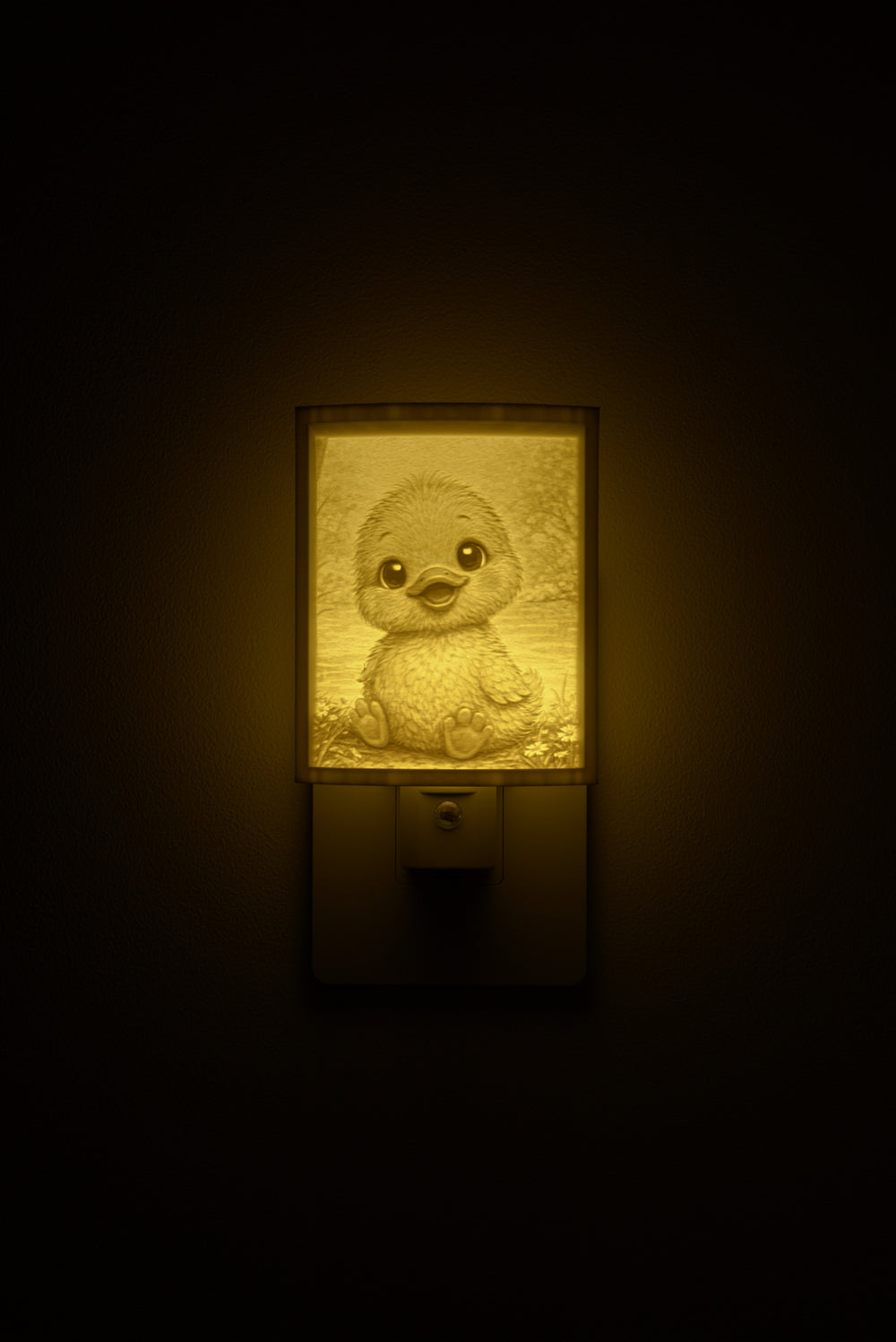 Duckling night light glowing against a dark wall, plugged into an outlet