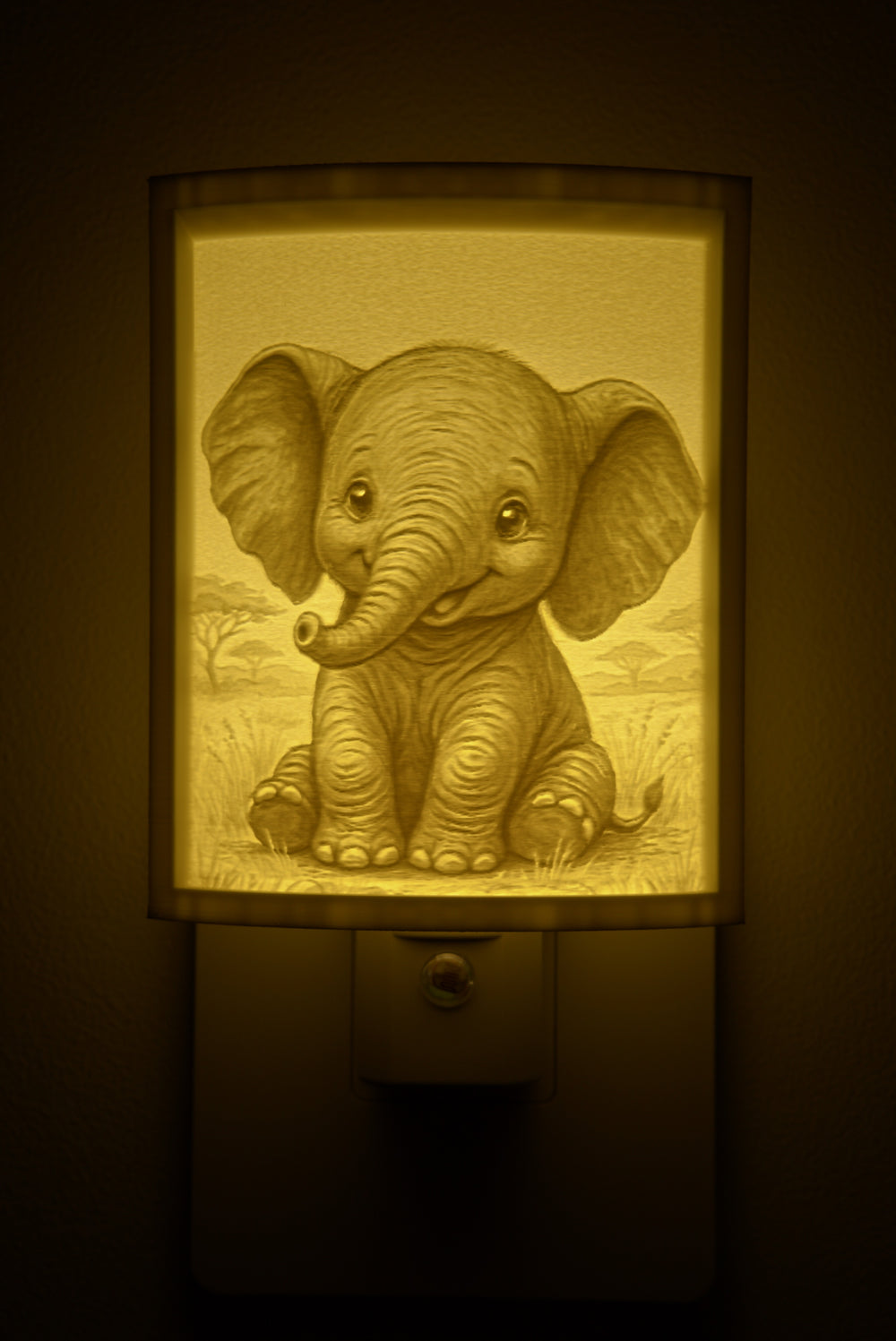 Close-up of the elephant design in warm light