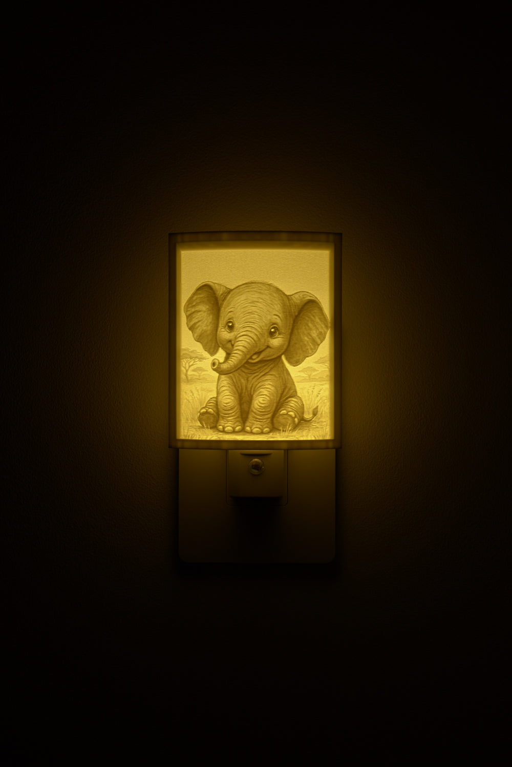 Elephant night light glowing against a dark wall, plugged into an outlet