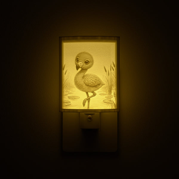 Flamingo night light glowing against a dark wall, plugged into an outlet