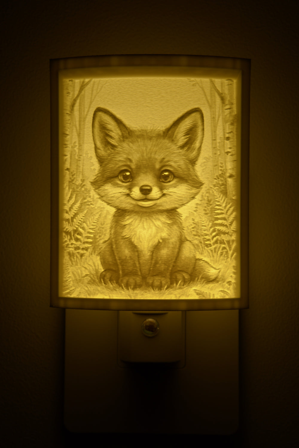 Close-up of the fox design in warm light