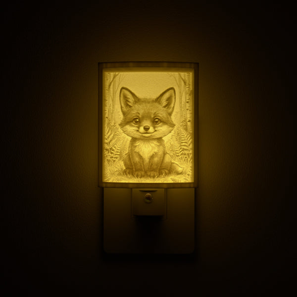 Fox night light glowing against a dark wall, plugged into an outlet
