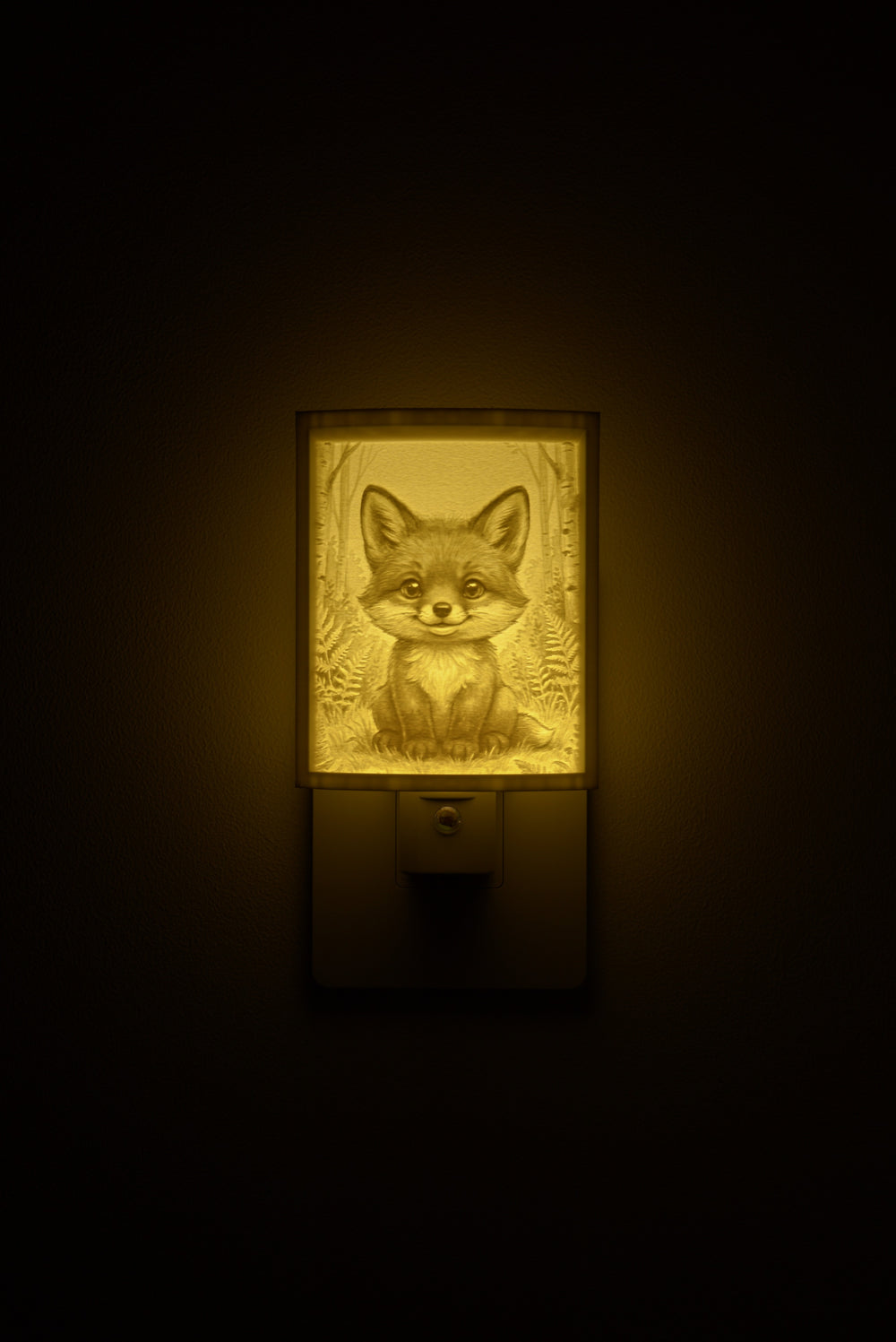 Fox night light glowing against a dark wall, plugged into an outlet
