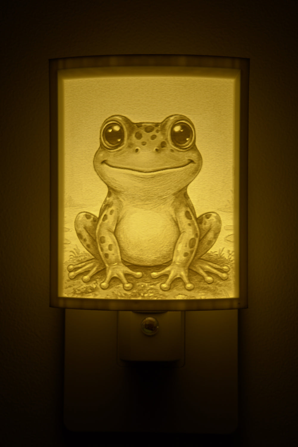 Close-up of the frog design in warm light