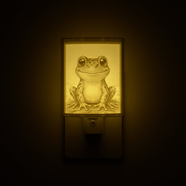 Frog night light glowing against a dark wall, plugged into an outlet