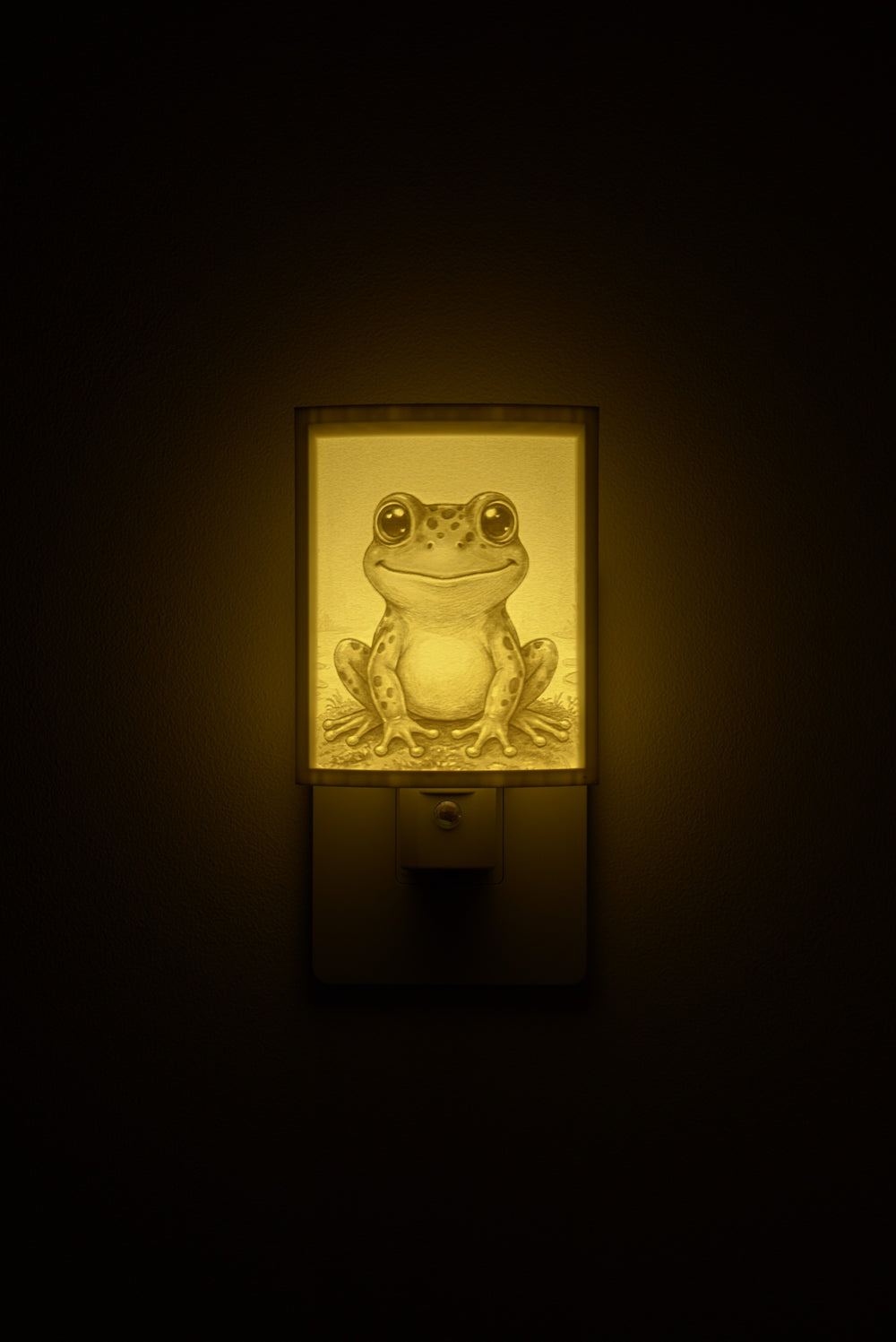 Frog night light glowing against a dark wall, plugged into an outlet
