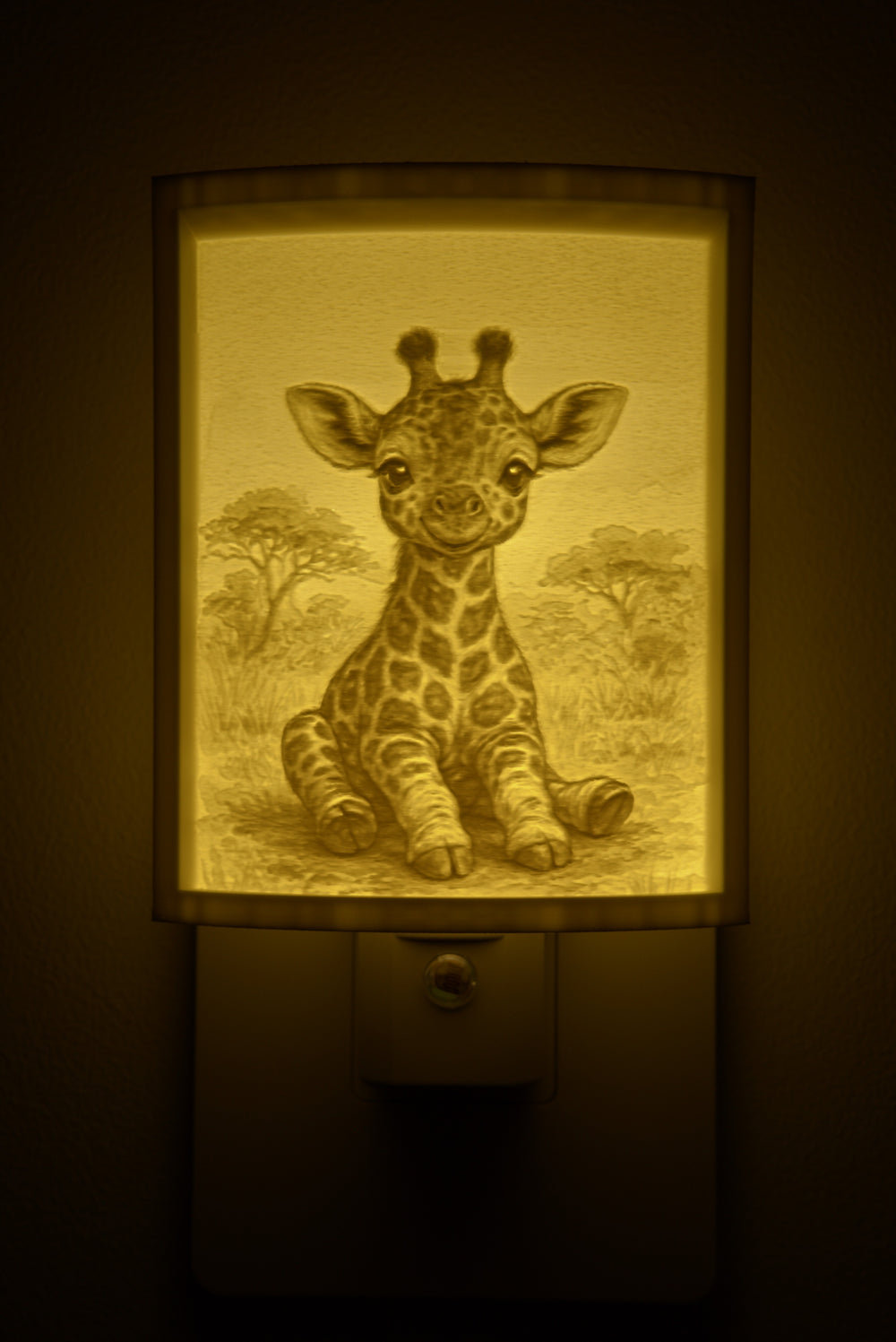 Close-up of the giraffe design in warm light