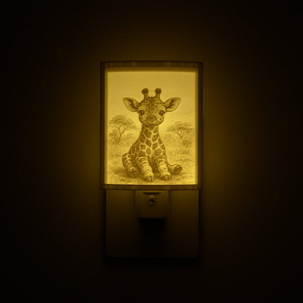 Giraffe night light glowing against a dark wall, plugged into an outlet