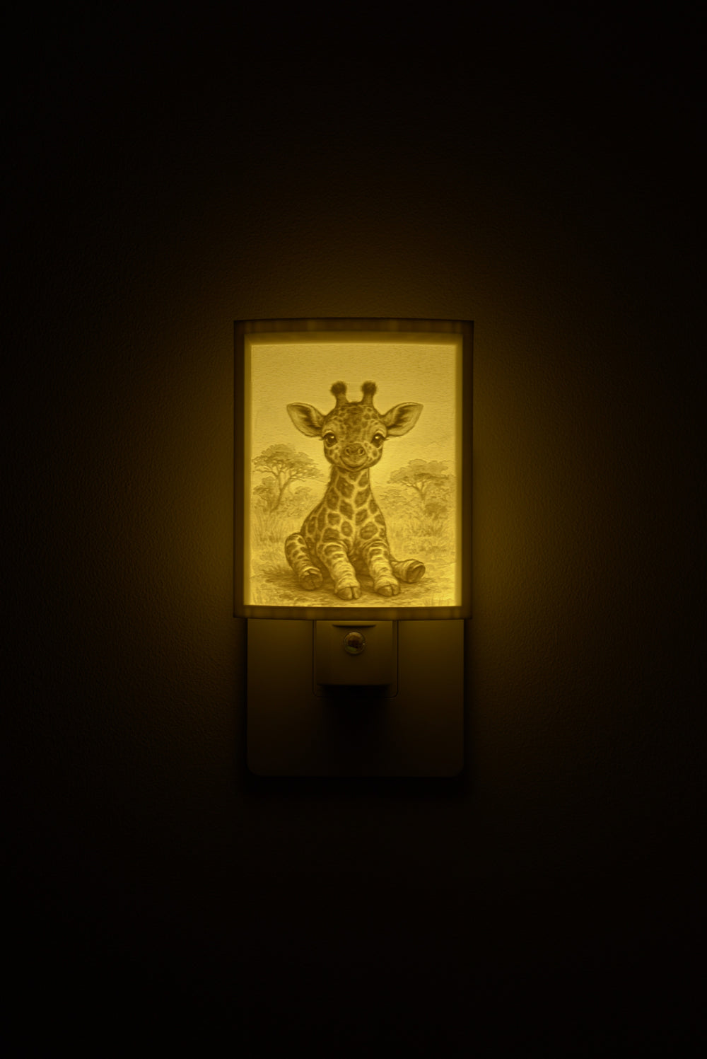 Giraffe night light glowing against a dark wall, plugged into an outlet