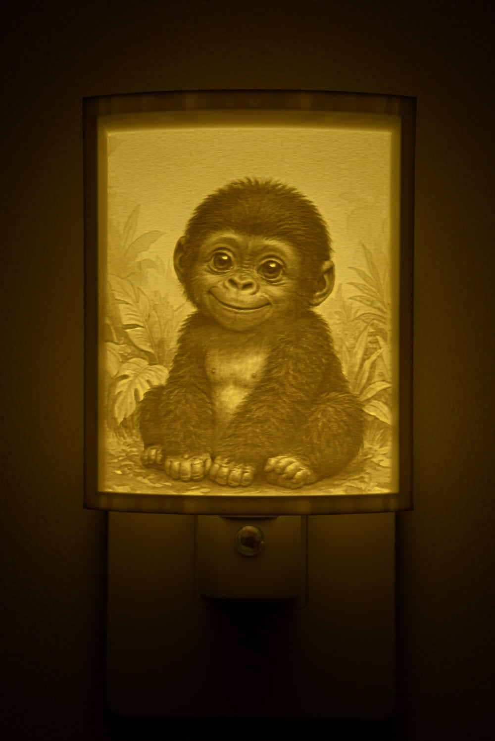 Close-up of the gorilla design in warm light