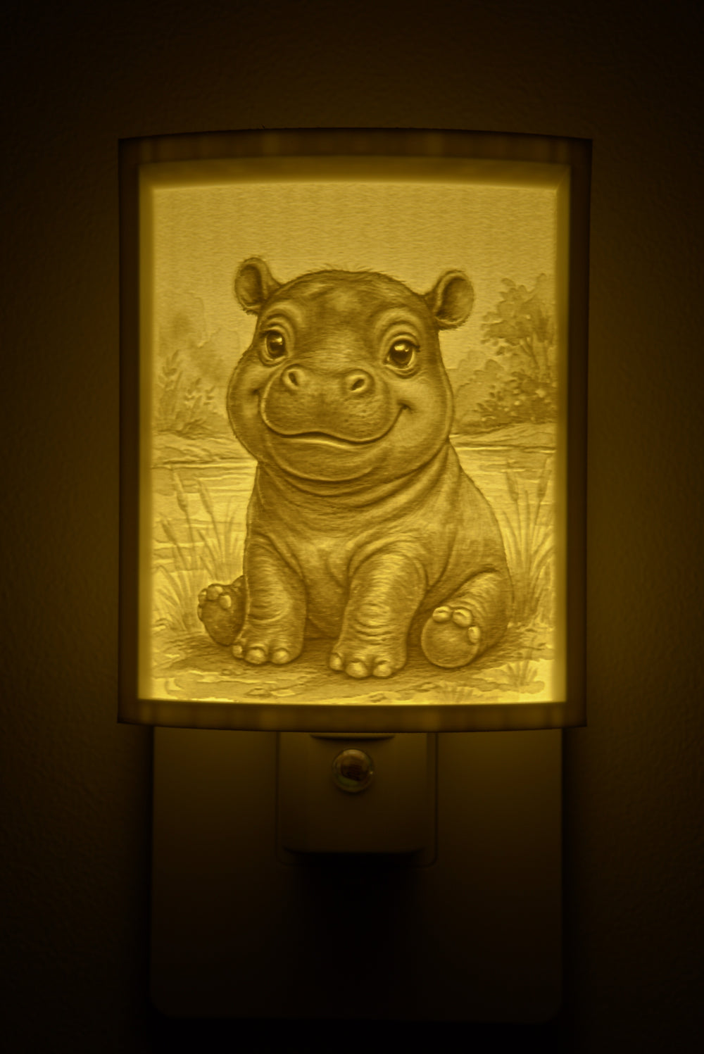 Close-up of the hippo design in warm light