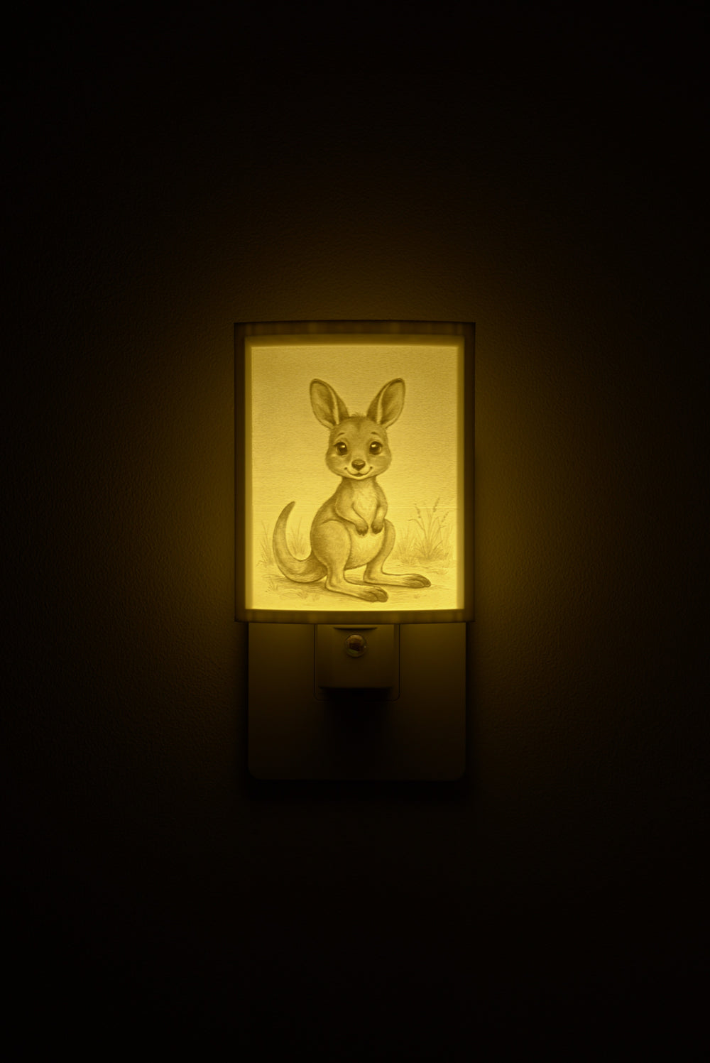 Joey night light glowing against a dark wall, plugged into an outlet