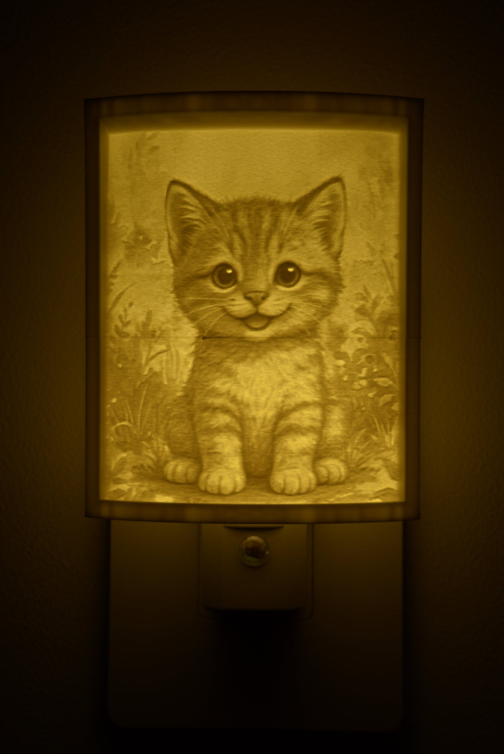 Close-up of the kitten design in warm light