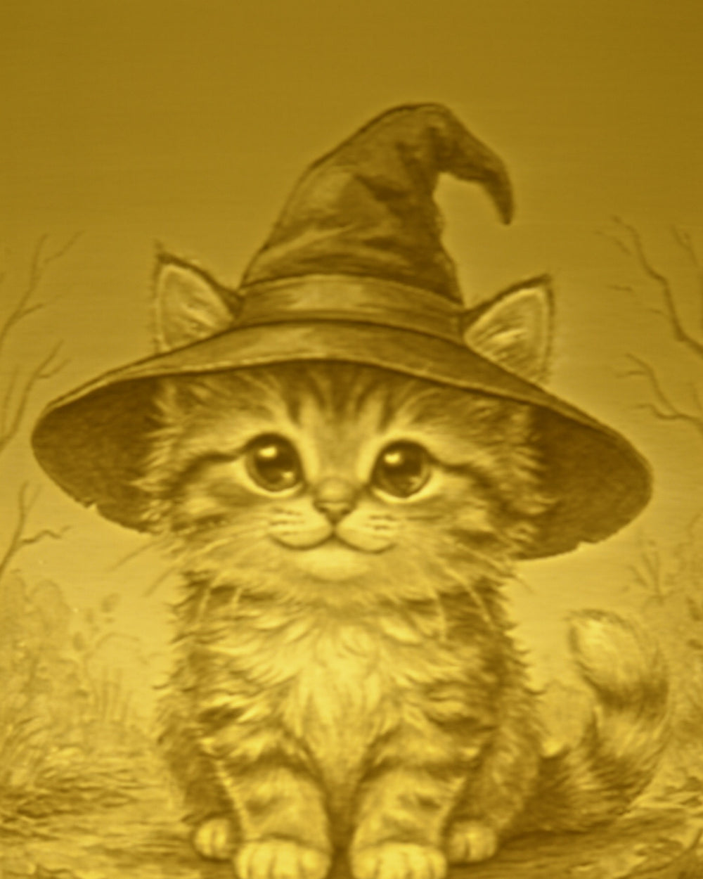 Close-up of the Kitten in a Witch Hat design in warm light