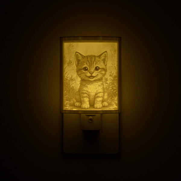 Kitten night light glowing against a dark wall, plugged into an outlet
