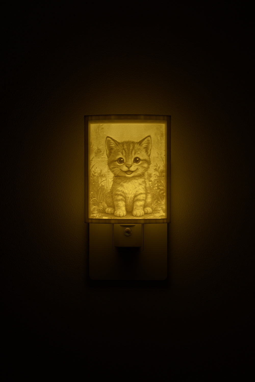 Kitten night light glowing against a dark wall, plugged into an outlet
