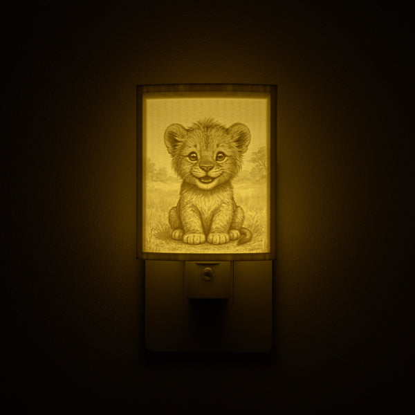 Lion night light glowing against a dark wall, plugged into an outlet