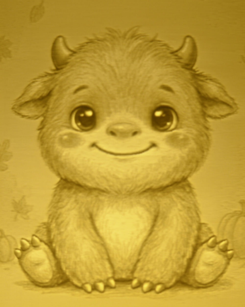 Close-up of the Little Monster design in warm light