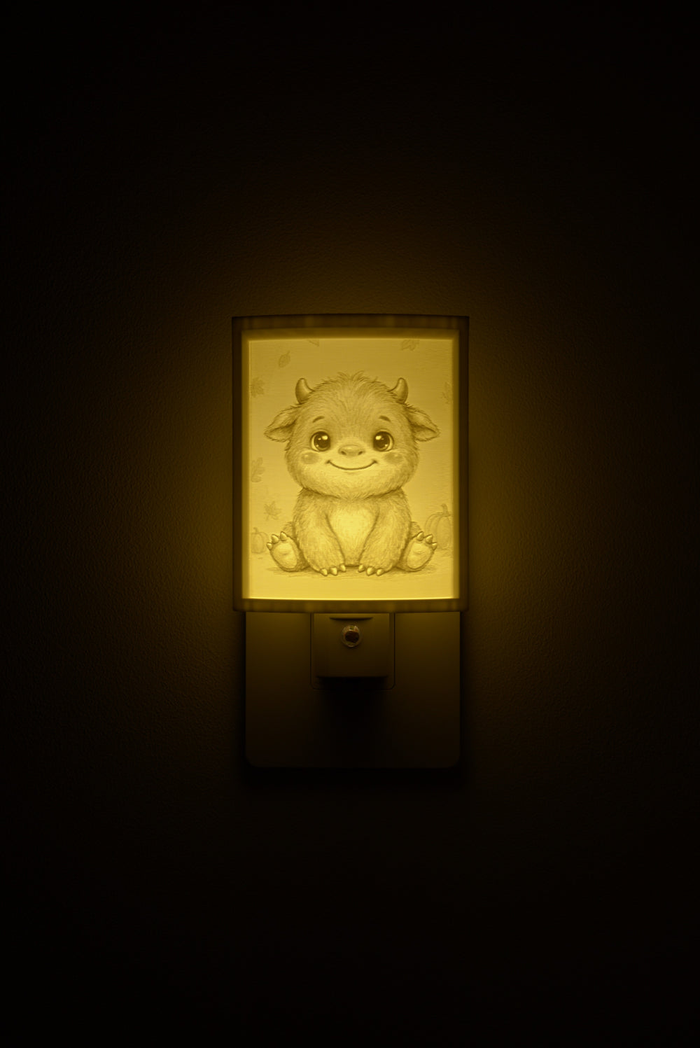 Little Monster night light glowing against a dark wall, plugged into an outlet
