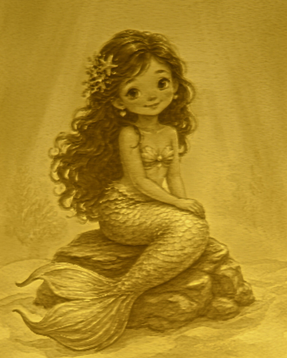 Close-up of the Mermaid design in warm light