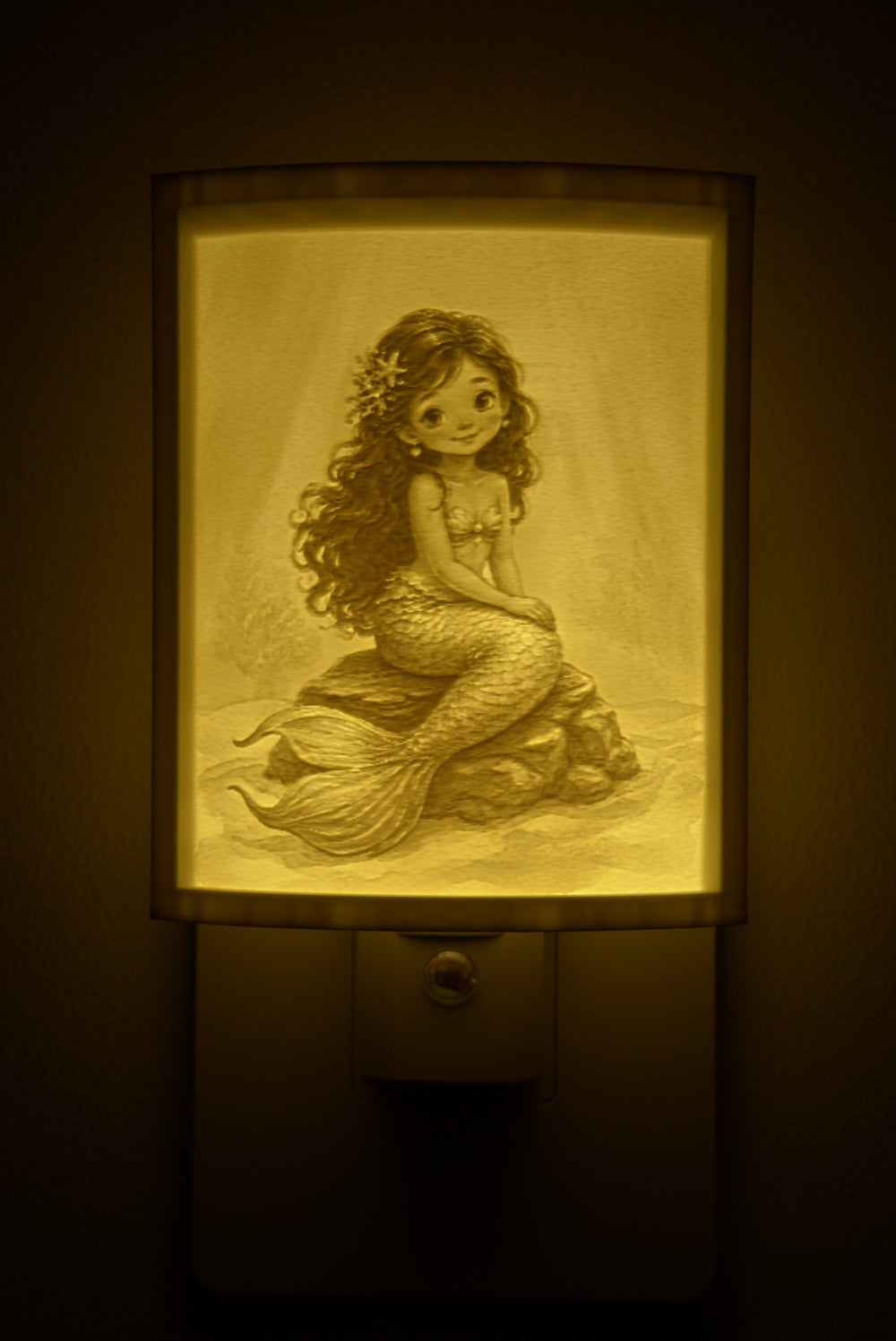 Close-up of the mermaid design in warm light