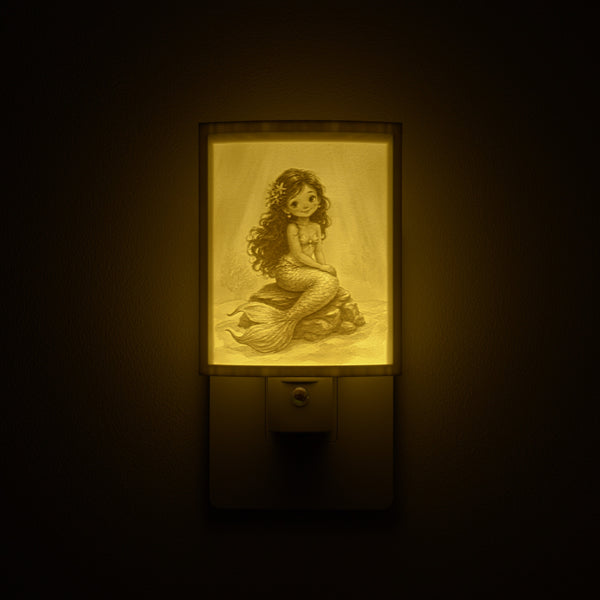Mermaid night light glowing against a dark wall, plugged into an outlet