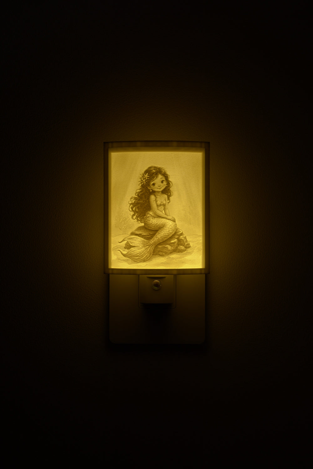 Mermaid night light glowing against a dark wall, plugged into an outlet