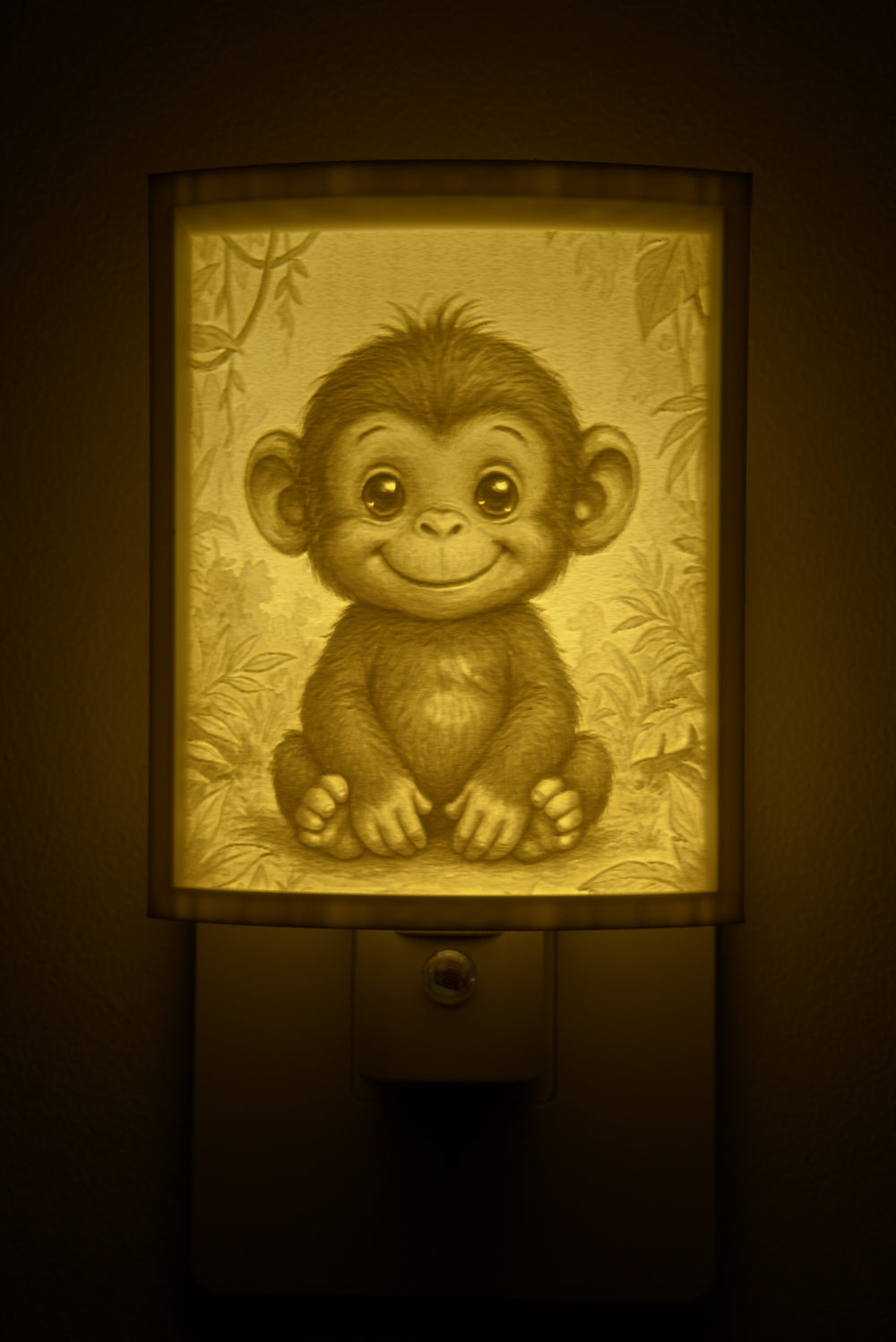 Close-up of the monkey design in warm light