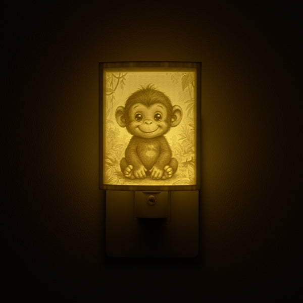 Monkey night light glowing against a dark wall, plugged into an outlet