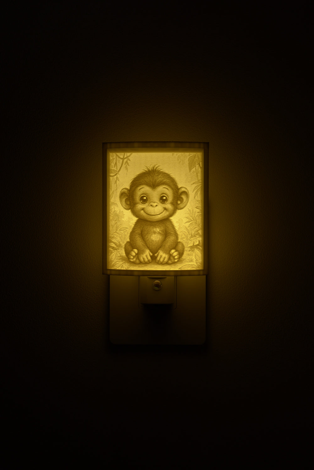 Monkey night light glowing against a dark wall, plugged into an outlet