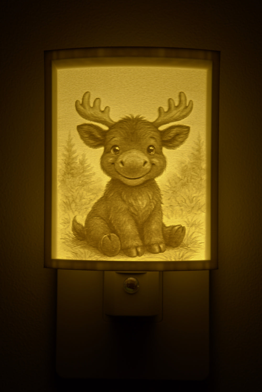 Close-up of the moose design in warm light