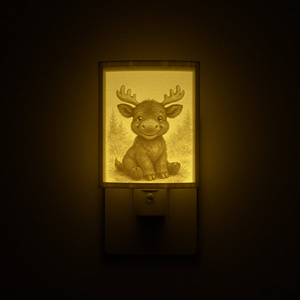 Moose night light glowing against a dark wall, plugged into an outlet
