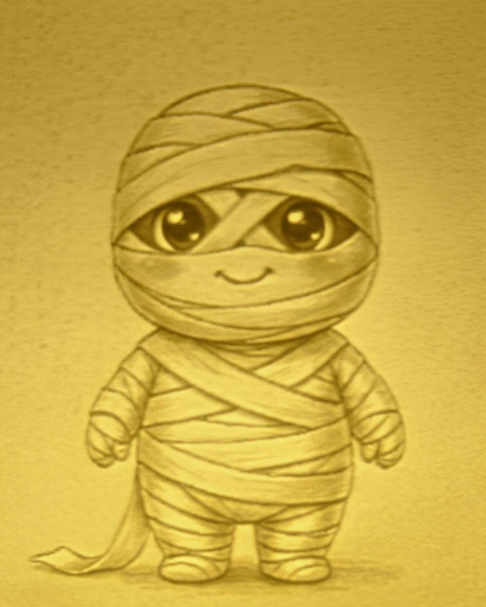 Close-up of the Mummy design in warm light